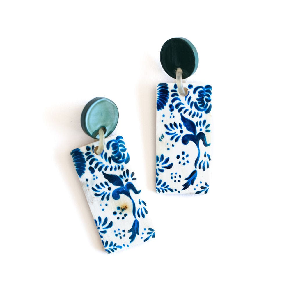 Blue & White Floral Pattern Polymer Clay Earrings